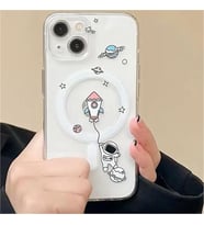 Coverzone iPhone 11 ile uyumlu K?l?f Wireless ?arj �zellikli Magsafe ile uyumlu Astronot Bask?l? Sert PC ?effaf Arka Y�zey Roket