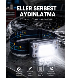 Kompakt LED Kafs Feneri USB Şarjlı Manyetik 2 Işık Modlu 215 Lümen Yeni Nesil