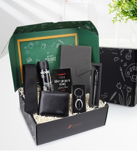 Öğretmene Özel Gri Mıknatıslı Defter & Kişiye Özel Metalik Roller Kalem & Gümüş Renk Anahtarlık & Erkek Deodorant & Siyah Suni Deri Erkek Cüzdan & Kravat Hediye Seti