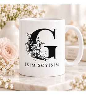 Kişiye Özel Baş Harf ve İsim Yazılı Çiçek Motifli G Harfli Seramik Kupa Bardak