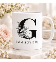 Kişiye Özel Baş Harf ve İsim Yazılı Çiçek Motifli G Harfli Seramik Kupa Bardak