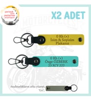 Motor Severlere İsim Plaka ve 0 Rh (+) Kan Grubu Yazılı Özel Tasarım x2 Anahtarlık, Sarı-Turkuaz-Gr