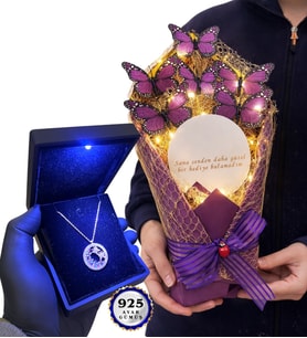 Işıklı Premium Kutusunda 925 Ayar Gümüş Kolye ve Led Işıklı Aynalı Kelebek Buketi (Model 2)