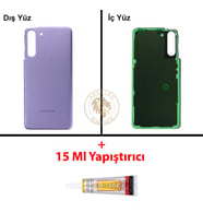 Samsung Galaxy S21 Mor Renk Arka Kapak + B7000 Yapıştırıcı Arka Cam Batarya Kapağı Pil Kapağı Lazer Kesim Back Cover Galaxy S21 Uyumlu