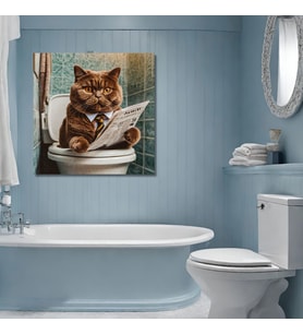 Tekli Kare Kanvas Banyo Tablosu Gazete Okuyan Kravatlı British Kedi
