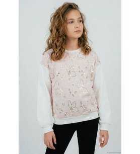 Breeze Kız Çocuk Sweatshirt Pullu Kelebek İşlemeli Tülü Çiçek Detaylı 8-12 Yaş, Pembe