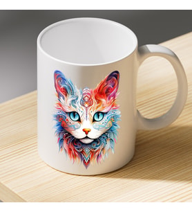 Mandala Desenli Renkli Kedi Yüzü Baskılı Porselen Kupa - Kedi Severlere Hediye Kupa