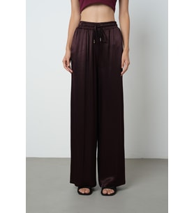 Kadın Bordo Renk Düz %100 Viskoz Bol Paça Beli Lastikli Pantolon