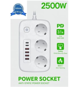 Akım Korumalı Priz ve Masaüstü Şarj İstasyonu Kablosuz 3 Priz ,4 USB, 2 Type-C Girişli 2 Metre