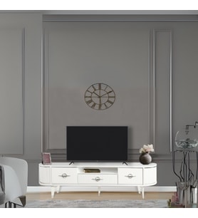 Duru Tv Sehpası Beyaz Gümüş Detaylı Çekmeceli 2 Kapaklı Oval Tasarım 180x53x40 Cm