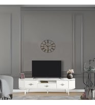 Duru Tv Sehpası Beyaz Gümüş Detaylı Çekmeceli 2 Kapaklı Oval Tasarım 180x53x40 Cm
