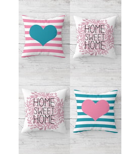 Kalp Ve Home Sweet Home Yazılı Gizli Fermuarlı Kırlent Kılıfı Koltuk Yastık Kılıfı Takım(4adet) (Pembe)