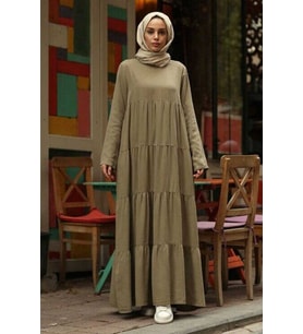 6400-Denim Parça Boya  Elbise Haki