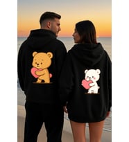 Kalpli Ayıcık Sevgili Kombini Hoodie – Unisex Oversize Çift Sweatshirt 2’li Set (Siyah)