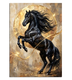 Altın Hilal Önünde Şahlanan Kara At Dekoratif Kanvas - Mdf Ahşap Tablo