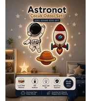Kişiye Özel Astronot Çocuk Odası Duvar Süsü LED Işıklı 3’lü Uzay Seti