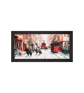 İstiklal Caddesi ve Tramvaylar Motifli Kanvas Tablo 50 x 70 cm Siyah Çerçeve