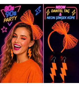Neon Turuncu Dantel Taç ve Şimşek Küpe 80&amp;#39;ler 90&amp;#39;lar Parti Seti