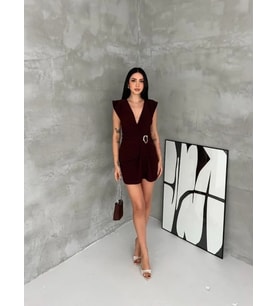 Kruvaze Drapeli Tokalı Mini Elbise Şık Gece Davet Abiye - Kahverengi