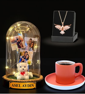 Sizlere Özel Led Işıklı Fanus, Türk Kahvesi Fincanı ve Anka Kuşu Kolye (Model 3)