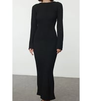 Moda Stil Slim Kayık Yaka Maxi Boy Düz Dokulu Fitted Vücuda Oturan Örme Elbise (Siyah)