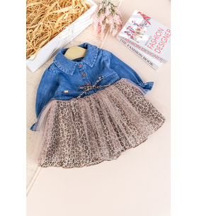 Denim Leopar Desenli %100 Pamuk Şık Özel Gün Kız Bebek Elbise (Bej)