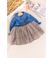 Denim Leopar Desenli %100 Pamuk Şık Özel Gün Kız Bebek Elbise (Bej)