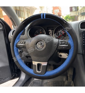 Vw Scirocco 3 Dikme Direksiyon Kılıfı Parlak Siyah Mavi Detaylı Mavi Çift Yüzük ve Dikiş 2008-2014