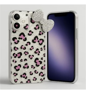 iPhone 14 Pro Max ile Uyumlu Parlak Leopar Desenli Ta?l? Fiyonk Telefon K?l?f? � ?ok Emici, �izilmez, Esnek Koruma Kapak, ?effaf Kenarl? Tasar?m White