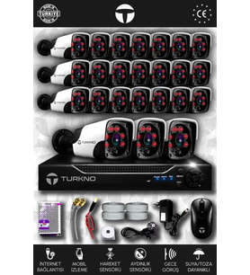 TURKNO 24 Kameralı Pania 24 Dış Kamera Set HDD'siz Full HD Gece Görüşlü Güvenlik Kamerası Sistemi