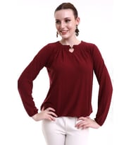 Şiir Kadoma Kadın Pileli Damla Yaka Aksesuarlı Örme Jakar Penye Uzun Kollu Bluz & Tesettür Bluz - Bordo (Bordo)