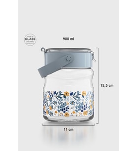 Renga Mono 900 ml Çiçek Desenli Cam Kavanoz 132065 Mavi