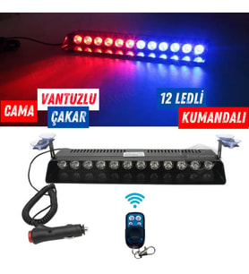 S12 Kumandalı Cam İçi Vantuzlu Polis Çakar Lamba İkaz 12 Ledli Kablosuz Kırmızı Mavi Çakmaklık Giriş
