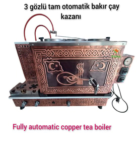 3 Gözlü Bakır Çay Ocağı özel Çift Bayraklı ve Osmanlı Tuğra modelli Bakır Çay Kazanı Elektrik + Tüplü Çay Semaveri