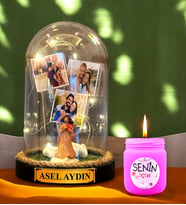 Kişiye Özel İsimli 3 Fotoğraflı Fanus ve Pembe Mis Kokulu Mum  Kişiye Özel Hediye Seti (Model 9)