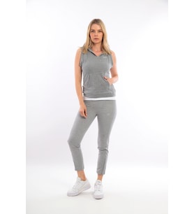 Kadın Paça Fermuar Detaylı T-shirt Kapşonlu 3'lü  Takım (Gri)