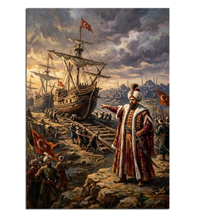 Tersanede Gemileri Denetleyen Fatih Sultan Dekoratif Kanvas - Mdf Ahşap Tablo