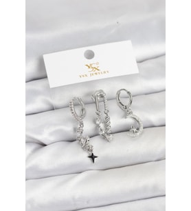 Pirinç Gümüş Renk Zirkon Taşlı Uzay Model YSX Trio Küpe Seti - TJ-BKP11569