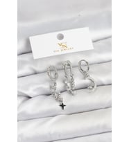 Pirinç Gümüş Renk Zirkon Taşlı Uzay Model YSX Trio Küpe Seti - TJ-BKP11569