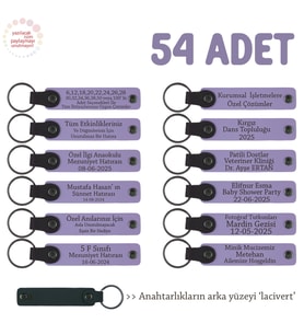 Dershaneler İçin Öğrencilere Hediye 54'lü Set, Marka Yazılı Hatıra Deri Anahtarlık, Mor & Lacivert (Lila - Mor)