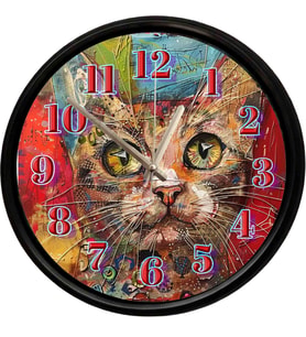 Renkli Sanatsal Kedi Portresi Dekoratif Duvar Saati 28 Cm Sessiz Mekanizma