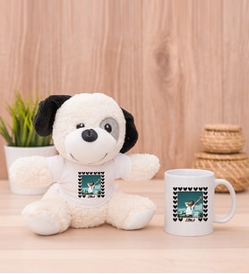 Kişiye Özel Kalp Detaylı Fotoğraflı  Peluş Köpek ve Beyaz Kupa