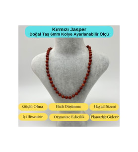 SERTİFİKALI Kırmızı Jasper  Doğal Taş 6mm Makrome Kolye 45cm- 55cm Ayarlanabilir Ölçü