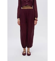 Kadın Paçası Lastikli Rahat Kesim Transparan Pantolon (Bordo)