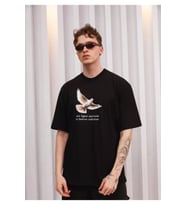 Unisex Bisiklet Yaka Baskılı Oversize T-Shirt - Siyah