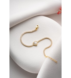 925 Ayar Gümüş Gold Kaplama Beyaz Taşlı Kalp 2 mm Zirkon Taşlı Suyolu Bileklik