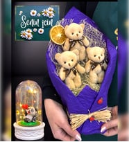 Büyük Boy Mor Ayıcık Buketi ve Led Işıklı Tasarım Fanus Seti (Model 5)