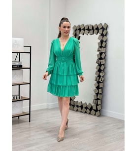 Şifon Krep Kumaş Sırt Detaylı Elbise - MİNT YEŞİL (Mint Yeşili)