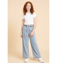 Kız Çocuk Beli Lastikli ve Kordonlu Geniş Kesim Jean Pantolon 7-15 Yaş 12679SK MODANINO