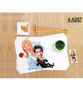 BK Gift Kişiye Özel Evleniyoruz Karikatürlü 4 Adet Amerikan Servis Seti-2 (Beyaz)